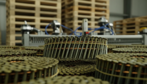 Coil nails used in high-volume pallet manufacturing for strong, durable, and consistent wood pallet assembly