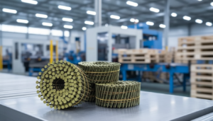 Precision-engineered coil nails forming part of a complete industrial nailing system for high-volume manufacturing
