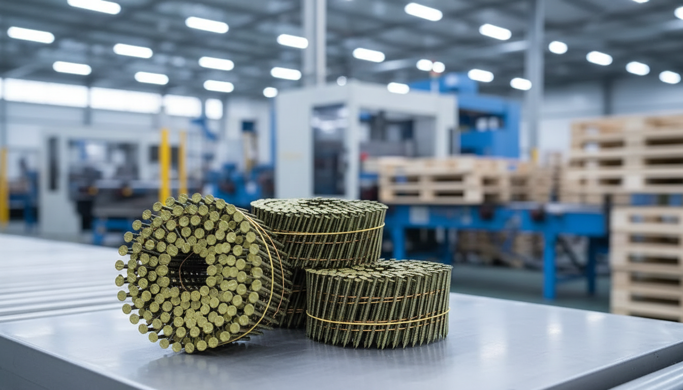 Precision-engineered coil nails forming part of a complete industrial nailing system for high-volume manufacturing