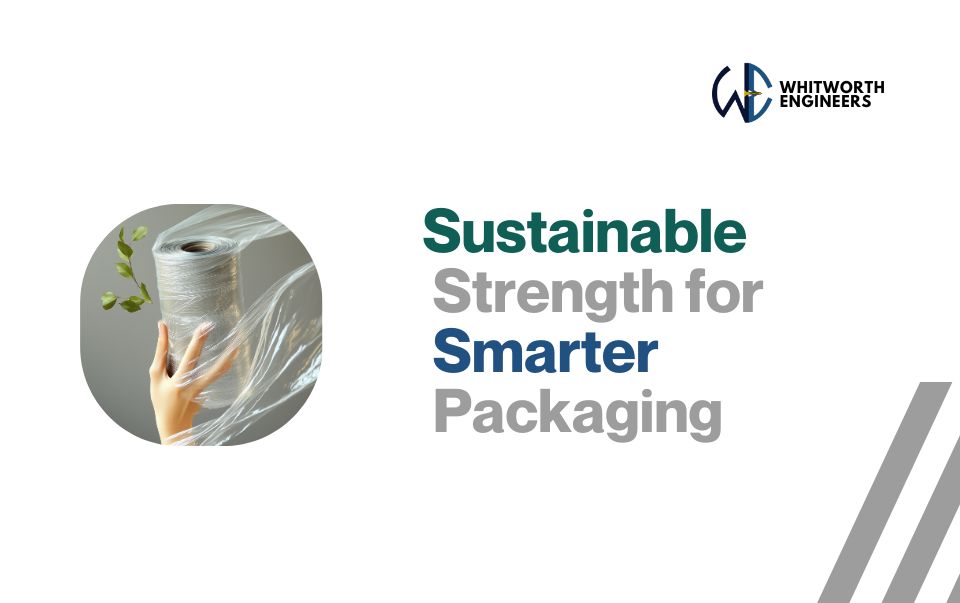 Hand holding a roll of stretch film with a green leaf, symbolizing eco-friendly packaging by Whitworth Engineers